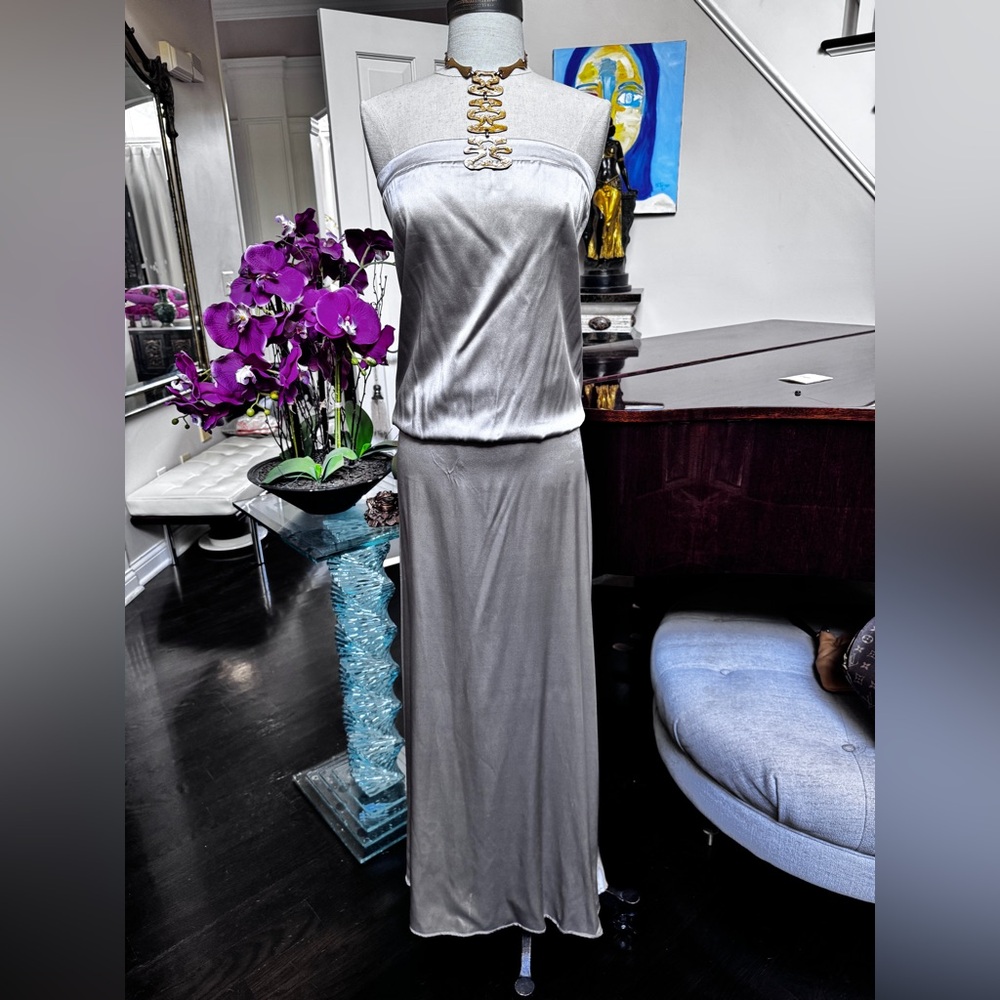 Liquid Silk Flowing Champagne Silver Strapless Maxi Dress